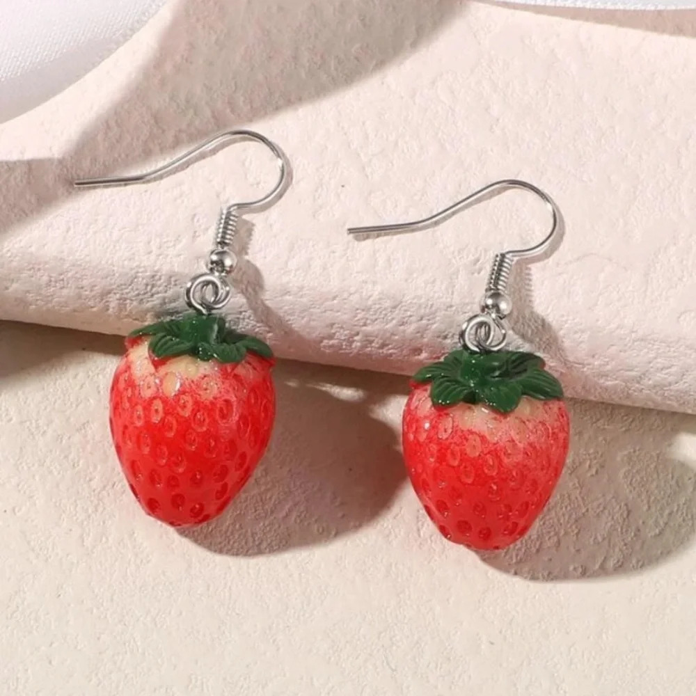 Red and green strawberry spring summer fruity cute casual dangle drop earrings